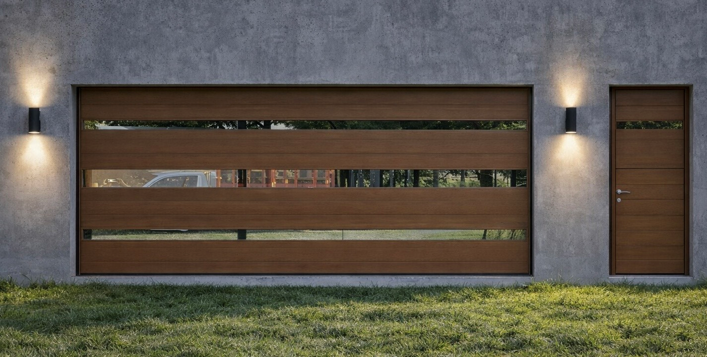 Portón y puerta de aluminio símil madera con iluminación nocturna